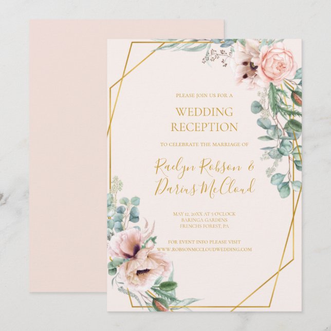 Invitation Fleurs Élégantes Rose | Réception de Mariage Paste (Devant / Derrière)