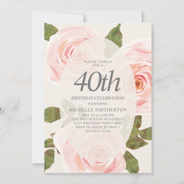 Invitation Fleurs élégantes rose saumon Printemps 40e anniver (Devant)