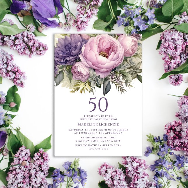 Invitation Fleurs élégantes rose violet 50e anniversaire (Purple peonies 50th birthday party invitation for women
)