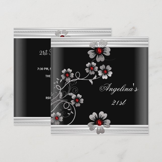Invitation Fleurs élégantes rouges blanches noires pour 21e a (Devant / Derrière)