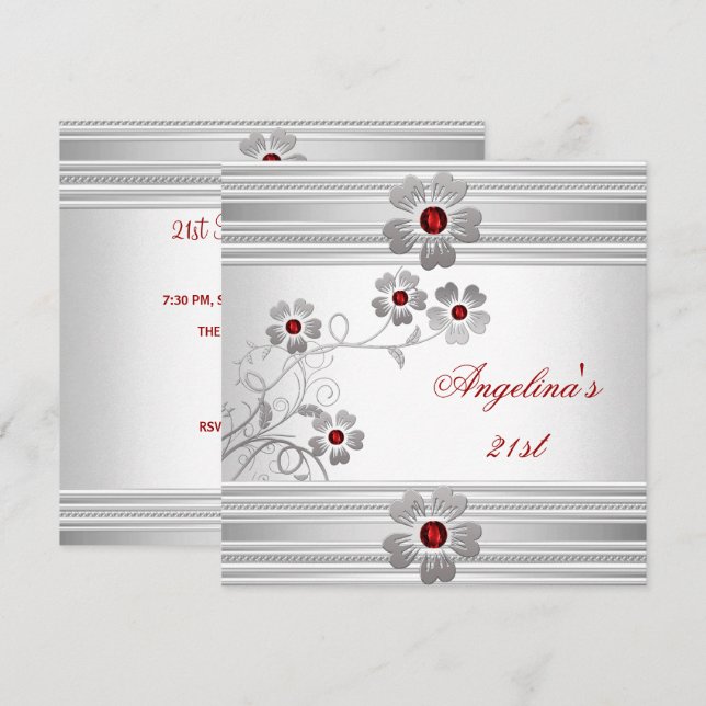 Invitation Fleurs élégantes rouges et blanches pour fête d'an (Devant / Derrière)
