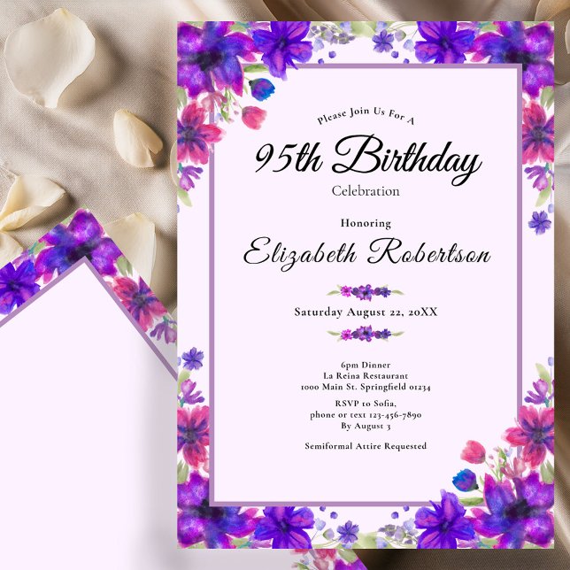 Invitation Fleurs élégantes violettes 95e anniversaire  (Créateur téléchargé)