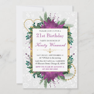 Invitation Fleurs élégantes violettes et dorées pour 21 ans
