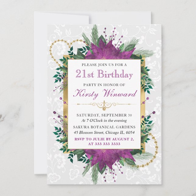 Invitation Fleurs élégantes violettes et dorées pour 21 ans (Devant)