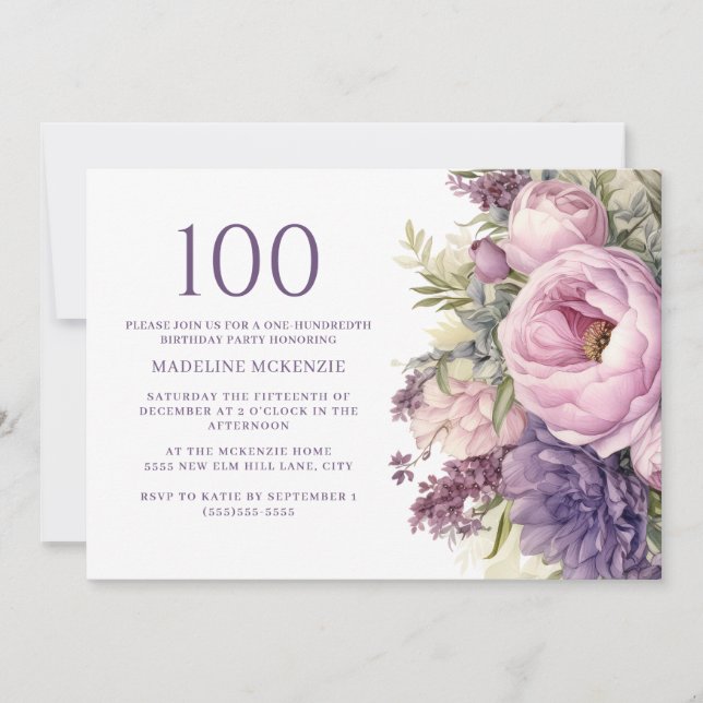Invitation Fleurs élégantes violettes roses 100e anniversaire (Devant)