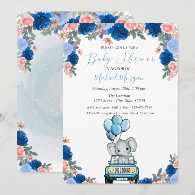 Invitation Fleurs, éléphant porte bébé Shower (Devant / Derrière)