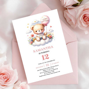 Invitation Fleurs en ballon ours en peluche doux anniversaire