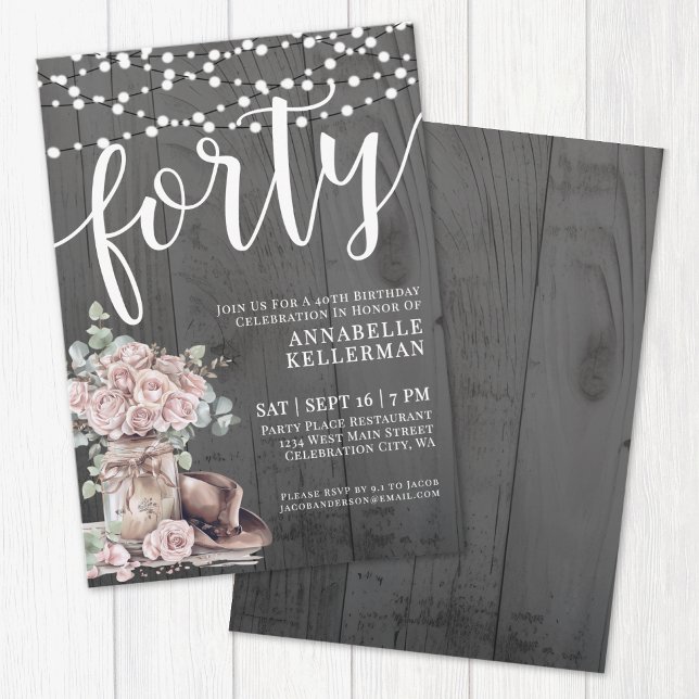 Invitation Fleurs en Bois Rustique 40e Anniversaire (Rustic Wood Floral 40th Birthday Invitation)
