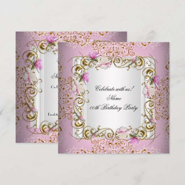 Invitation Fleurs en Damas Rose Blanc Or Fête d'Anniversaire (Devant / Derrière)