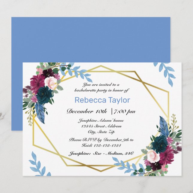 Invitation Fleurs en Fête Mod Bleu - Enterrement de Vie de Je (Devant / Derrière)