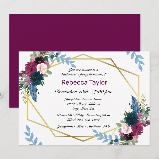 Invitation Fleurs en Fête Mod Prune - Enterrement de Vie de J (Devant / Derrière)