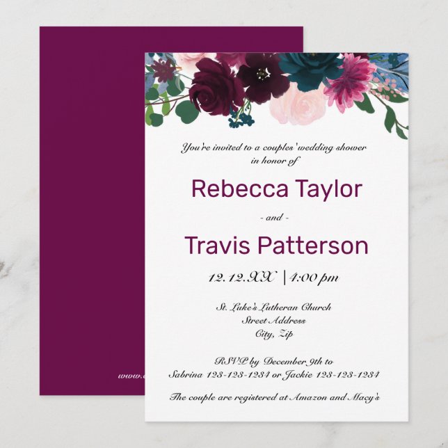Invitation Fleurs en Fête Prune - Réception de Mariage pour C (Devant / Derrière)