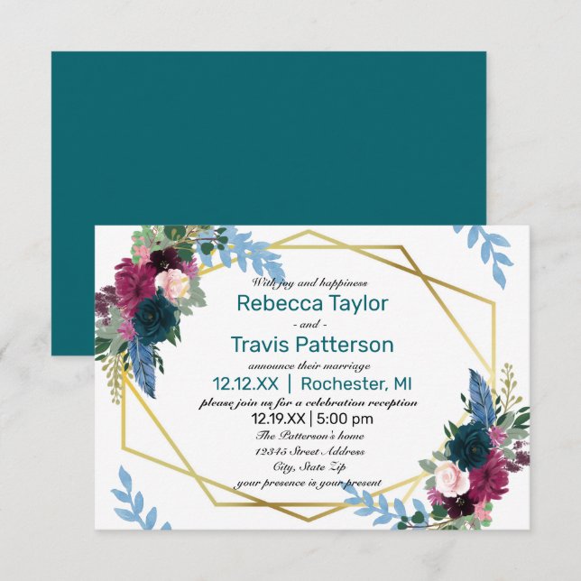 Invitation Fleurs en Fleurs Mod Sarcelle -3x5 Mariage Annonce (Devant / Derrière)