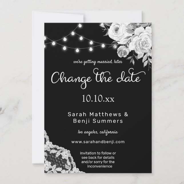 Invitation Fleurs en noir et blanc avec dentelle pour changem (Devant)