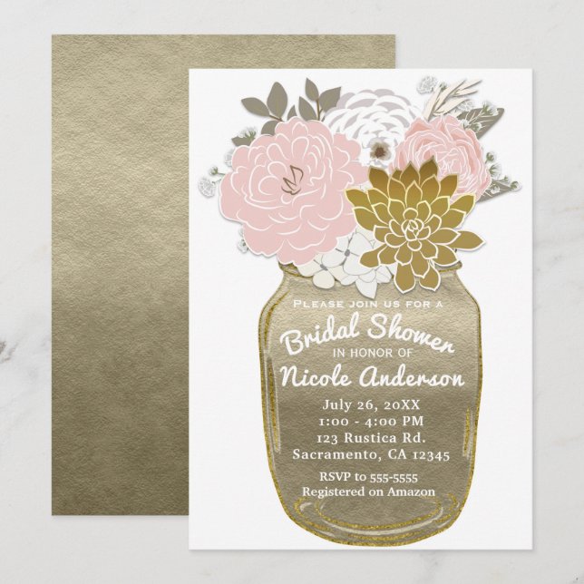 Invitation Fleurs en pot Mason Floral rustique rose et or Chi (Devant / Derrière)