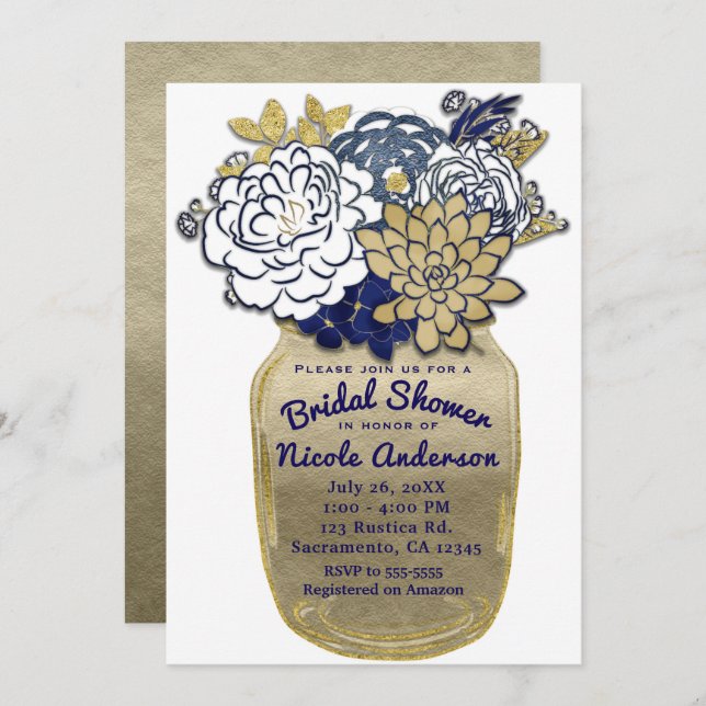 Invitation Fleurs en pot Mason Rustique Bleu Or Floral Mariag (Devant / Derrière)