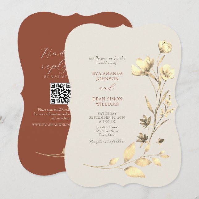 Invitation Fleurs en terre cuite Mariage bohème d'automne (Devant / Derrière)