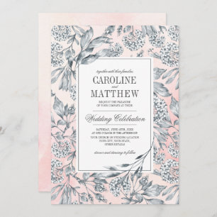 Invitation Fleurs esquissées Aquarelle Bleu Mariage rose