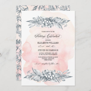 Invitation Fleurs esquissées Aquarelle Bleu Mariage rose