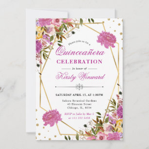 Invitation Fleurs estivales roses et jaunes Quinceanera
