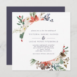 Invitation Fleurs et baies d'hiver Mariage rouge et marine