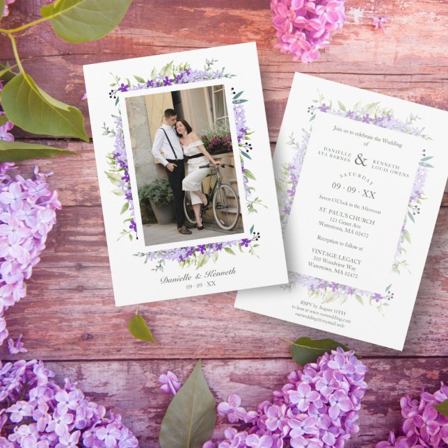 Invitation Fleurs et branches de couleur violet mariage Photo (Créateur téléchargé)