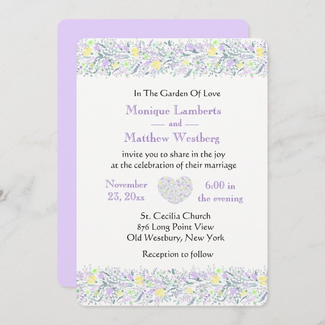 Invitation Fleurs et coeurs de mariage floraux violets et jau (Devant / Derrière)
