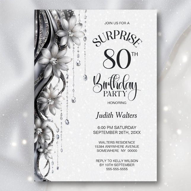 Invitation Fleurs et Diamants Soirée d'anniversaire surprise  (Créateur téléchargé)