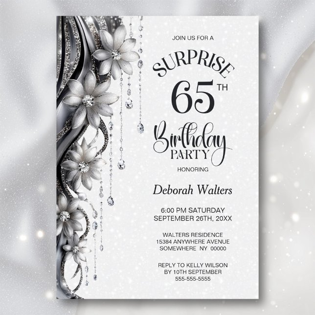 Invitation Fleurs et Diamants Soirée d'anniversaire surprise  (Créateur téléchargé)