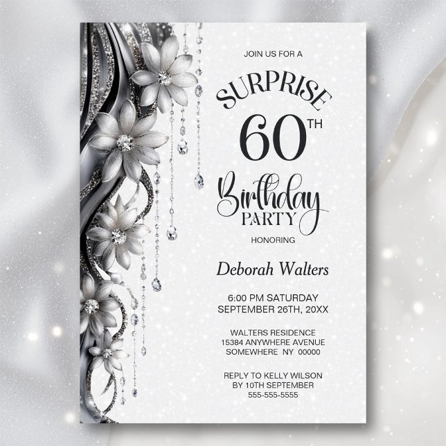 Invitation Fleurs et Diamants Soirée d'anniversaire surprise  (Créateur téléchargé)