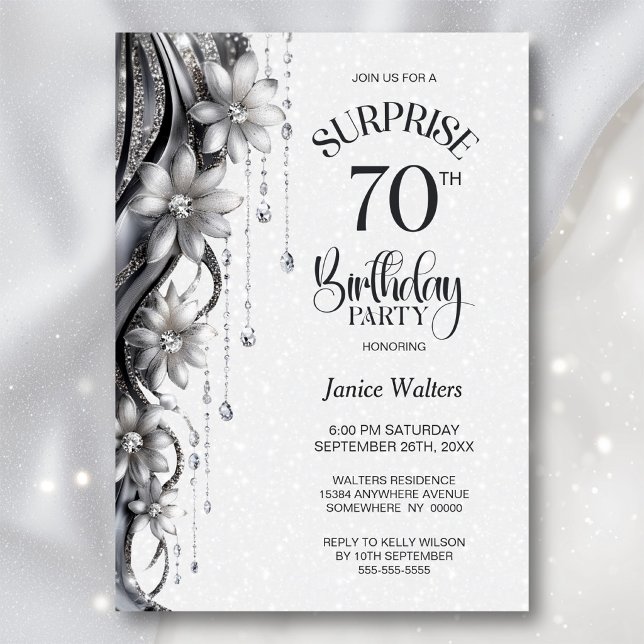 Invitation Fleurs et Diamants Soirée d'anniversaire surprise  (Créateur téléchargé)