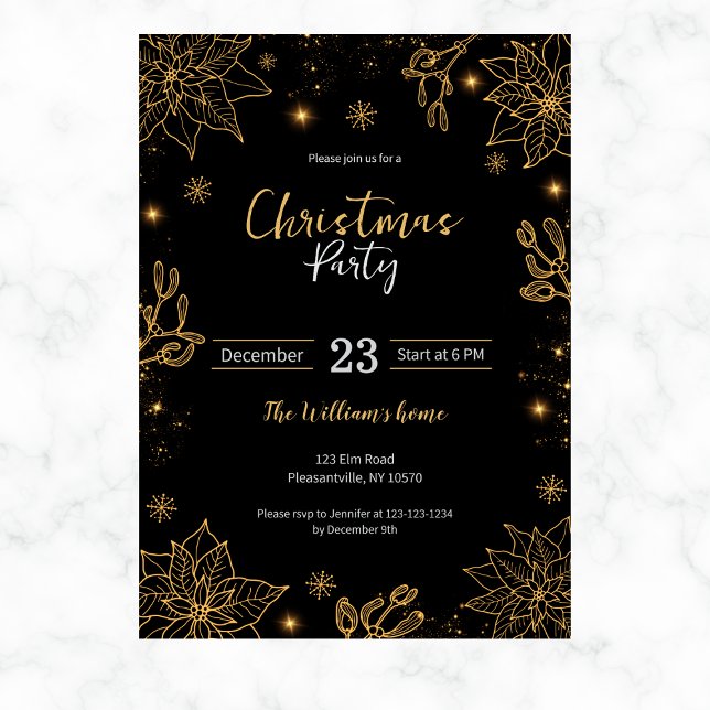 Invitation Fleurs et étoiles de Noël | Noir & Or (Créateur téléchargé)