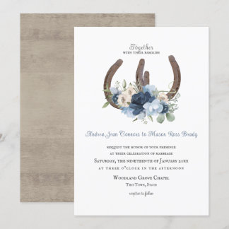 Invitation Fleurs et fer à cheval rustiques Dusty Blue