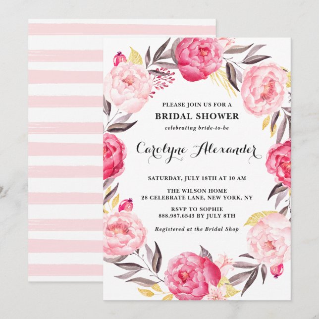 Invitation Fleurs et Fête des mariées à huile d'or Faux (Devant / Derrière)