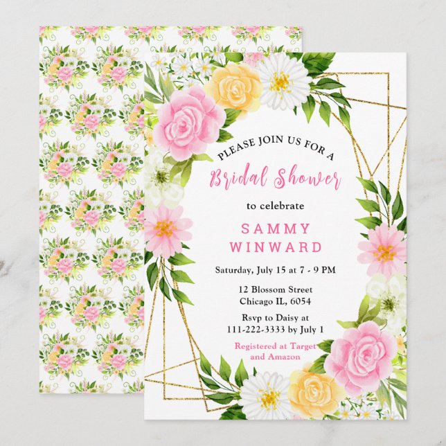 Invitation Fleurs et feuillage roses et jaunes d'été (Devant / Derrière)