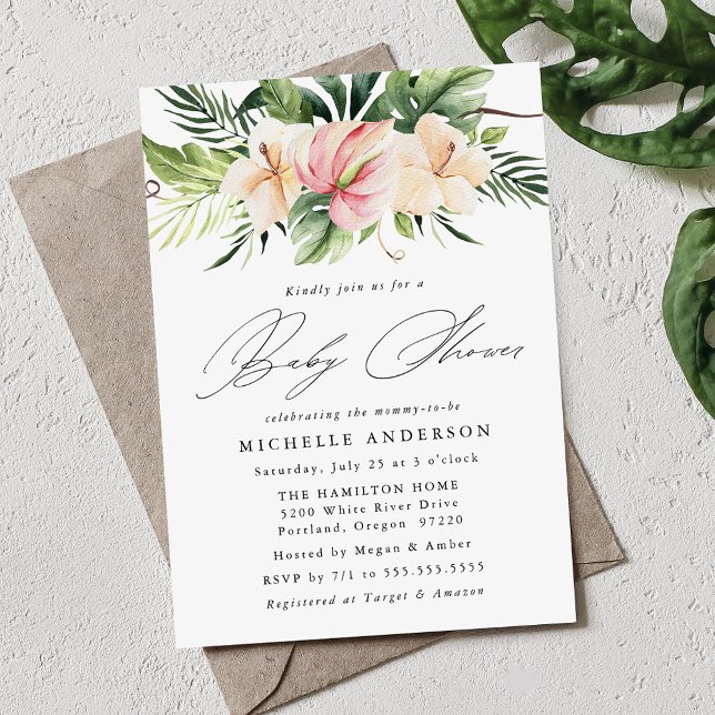 Invitation Fleurs et feuilles d'Hibiscus tropical Fête de béb (Créateur téléchargé)