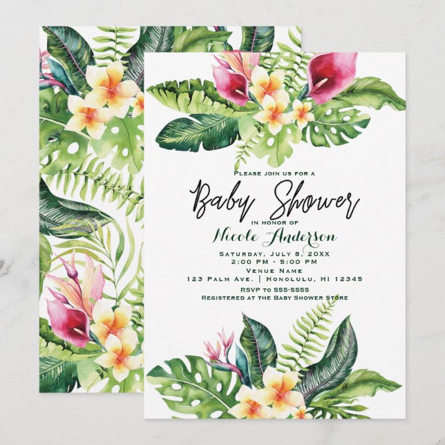 Invitation Fleurs et feuilles tropicales Baby Shower floral (Devant / Derrière)