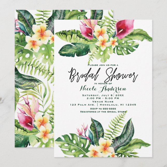 Invitation Fleurs et feuilles tropicales Fête de mariage flor (Devant / Derrière)