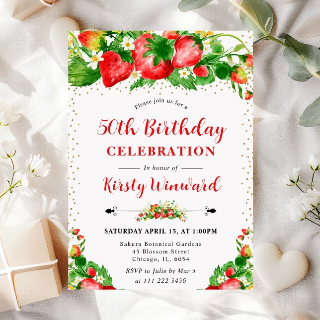 Invitation Fleurs et fraises à l'aquarelle 50e anniversaire (Créateur téléchargé)