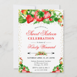 Invitation Fleurs et fraises à l'aquarelle pour un Sweet 16