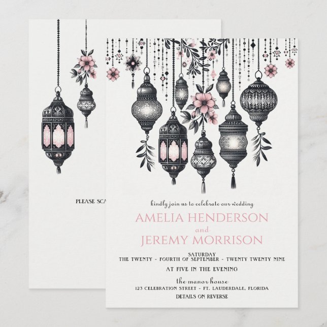 Invitation Fleurs et lanternes roses QR Code Mariage (Devant / Derrière)