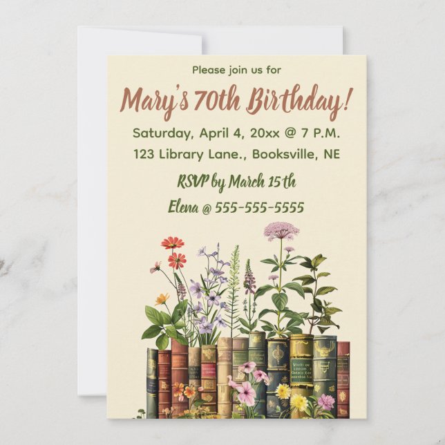 Invitation Fleurs et Livres Éditable Anniversaire (Devant)