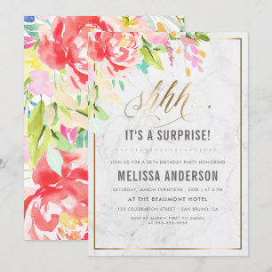 Invitation Fleurs et marbre   Gold Surprise fête d'anniversai