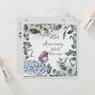 Invitation Fleurs et oiseaux aquarelle 25e anniversaire rose