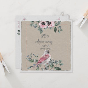 Invitation Fleurs et oiseaux aquarelle 25e anniversaire rose