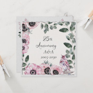 Invitation Fleurs et oiseaux aquarelle 25e anniversaire rose