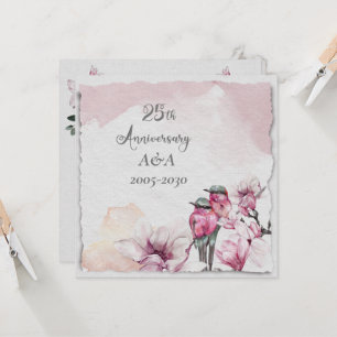 Invitation Fleurs et oiseaux aquarelle 25e anniversaire rose