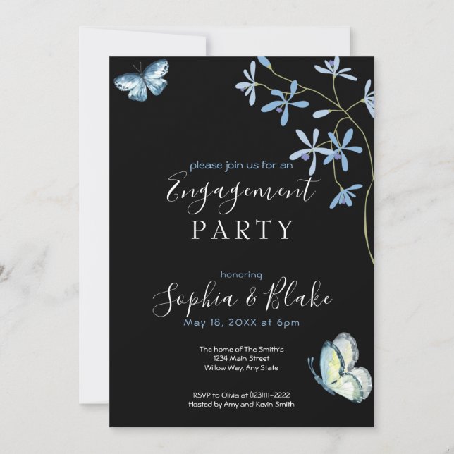 Invitation Fleurs et papillons | Black Engagement Party (Devant)