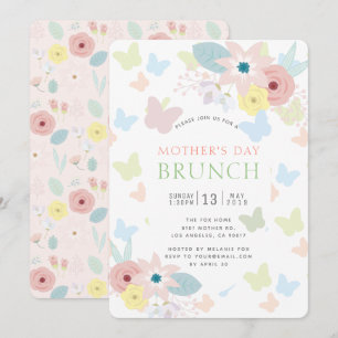 Invitation Fleurs et papillons Brunch Fête des Mères Rose