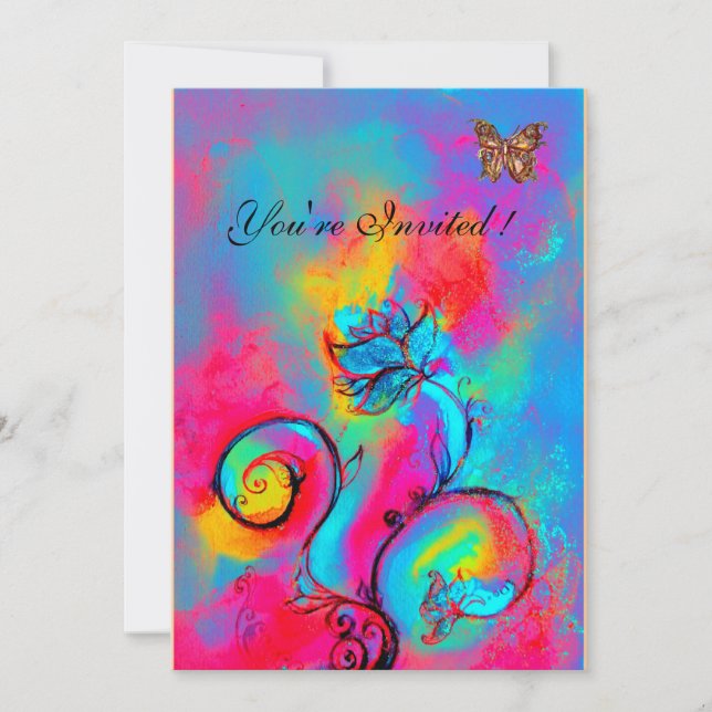 Invitation FLEURS ET PAPILLONS fantaisistes rose bleu jaune (Devant)